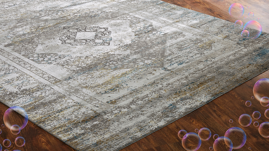 Tan and white rug with bubbles for RugWashing